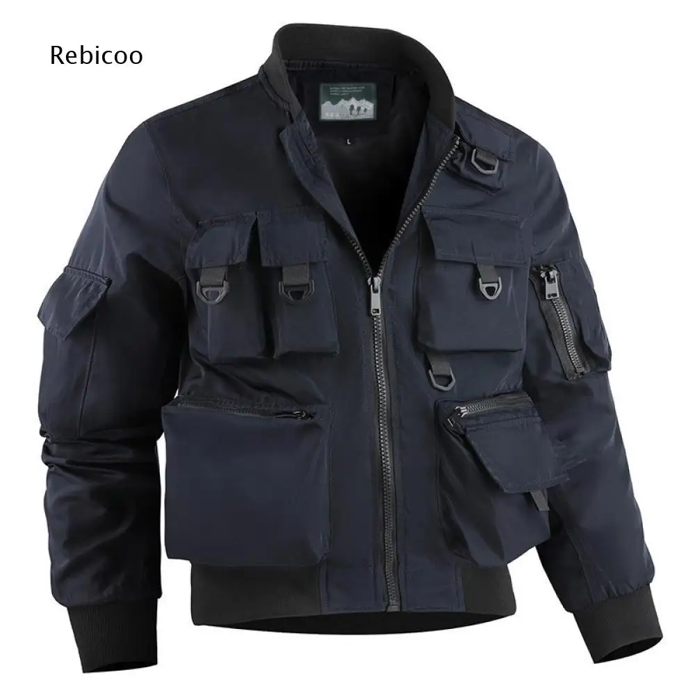 Multi Pocket Outerwear For Men Ribbed Cuff And Hem Design Zip Up Front Long Sleeve Jacket For Casual And Adventure Occasions
