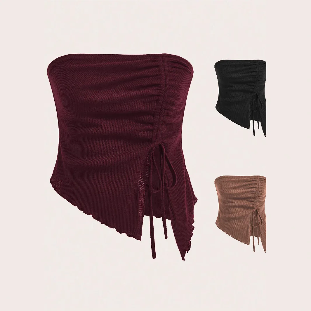 Damen Waffelstrick Bodycon Neckholder-Top mit Kordelzug und asymmetrischem Schlitz – Crop-Top für den Sommer 2026 und den Alltag