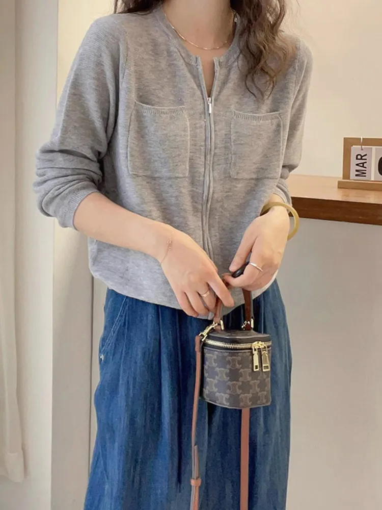 

Slimming Color Long Sve Zipper Knitted Cardigan Women's Faionable ket Design Commute Sle Korean Version Cardigan