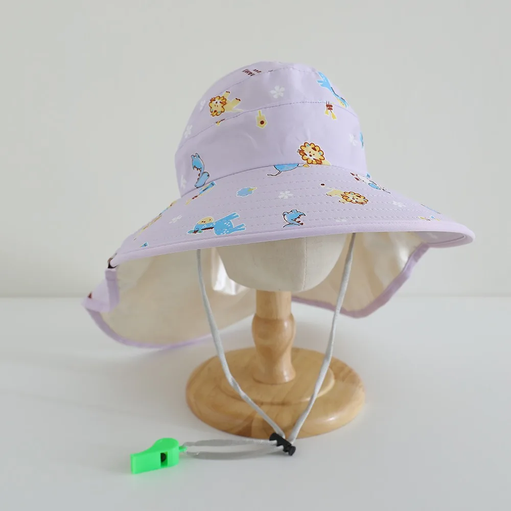 

Cute Cartoon Print Kids Bucket Hat UV Protection Empty Top Sun Cap Breathable with Whistle Beach Shawl Hat