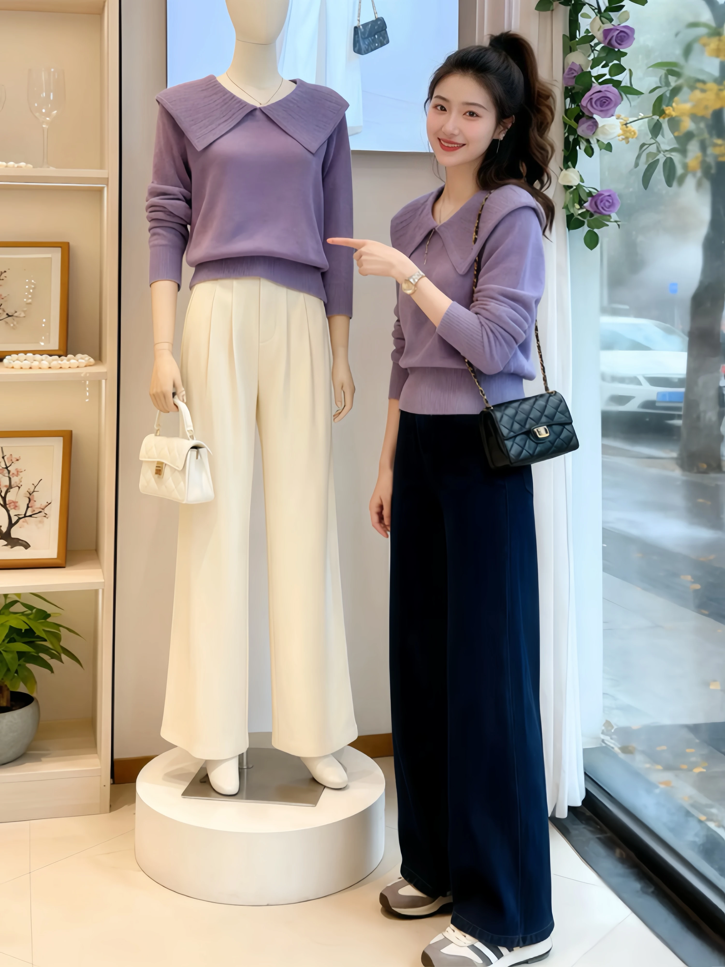 

Korean Style Purple Doll Collar Knitted Sweater Women's Fashion Design Unique Top Casual Long Sleeve Warm Color