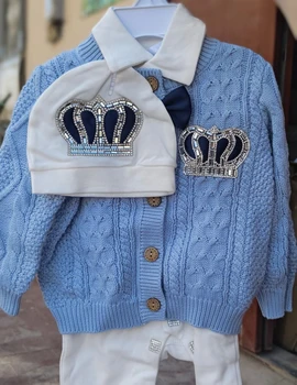 Dollbling bebê outono inverno camisola roupa criança malha macacão coroa jóias macacão de algodão e turbante chapéu conjunto