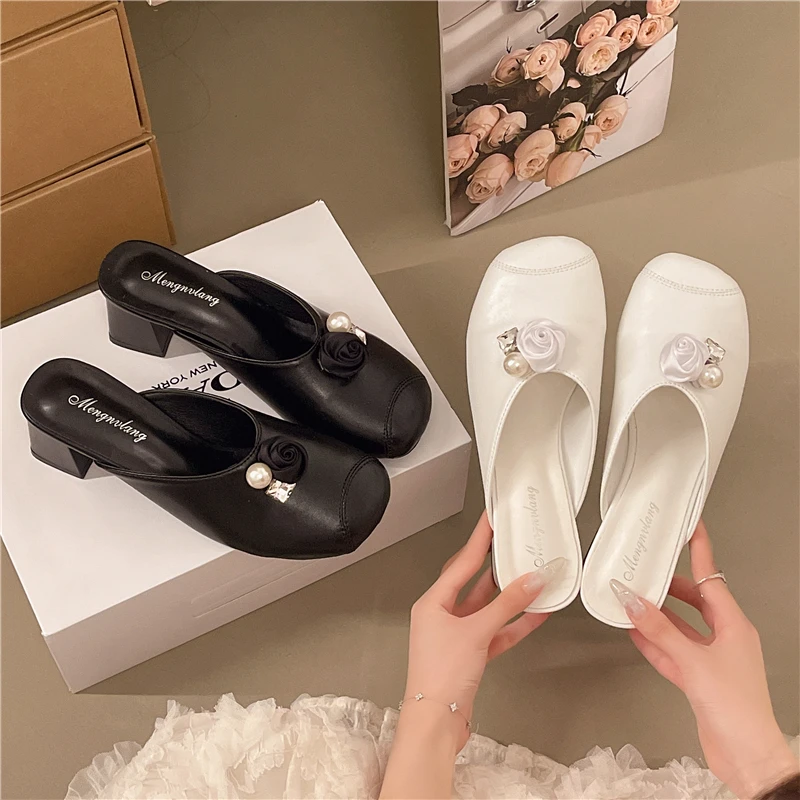 Socialite-Style Mule-Halbslipper mit Blumenmuster, Perlen und Strass, offene Zehenpartie, klobiger Absatz, für Damen, für den Sommer und Herbst, für den Außenbereich
