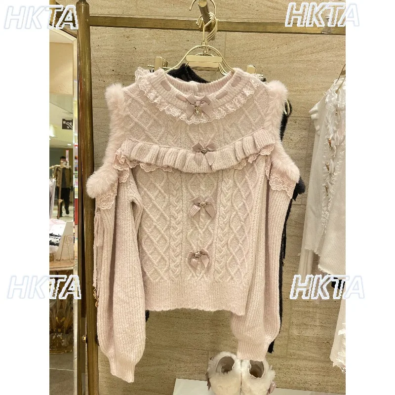 

2026 Spring New Off-Shoulder Sweater Women Japanese Mass-Produced Sweet Cute Lolita Lace Patchwork Long Sleeve Pullover Sweater