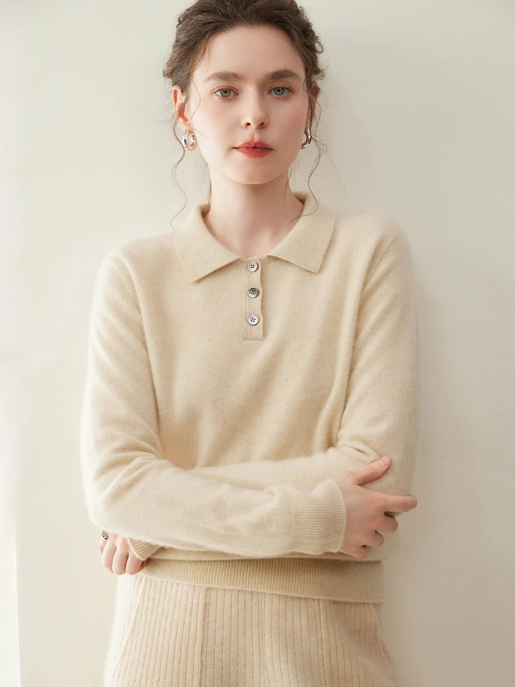 

Сплошной цветной свитер, женский пуловер с воротником-поло, осень-зима, 100% кашемировый трикотаж, простые офисные женские топы высокого качества