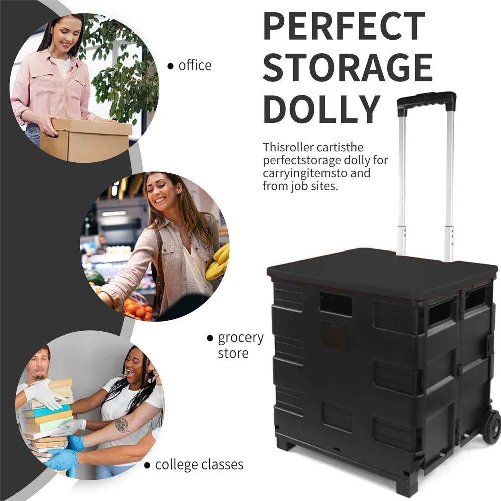 Folding Utility Cart Portable Rolling Wheels Handcart Shopping Trolley Collapsible Tool Box with Lid for Grocery Office Storage