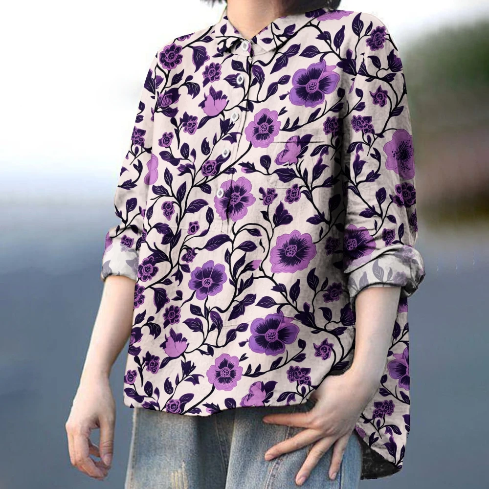 

Women’s Purple Floral Shirt Spring & Summer Flowers Print Blouse Causal Simplicity Shirt Trendy Floral Blouse Garden Party Lover