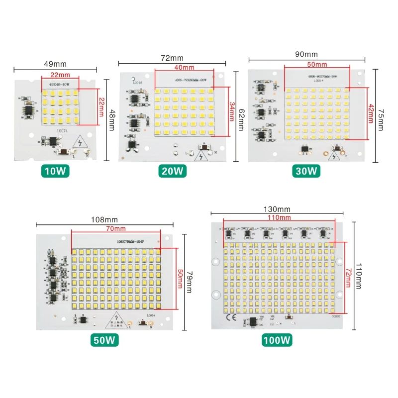 LED 램프 칩 SMD 전구 2835 스마트 IC LED 조명 입력, 야외 투광 조명 스포트라이트용, 220V, 10W, 20W, 30W, 50W, 100W, 로트당 2 개