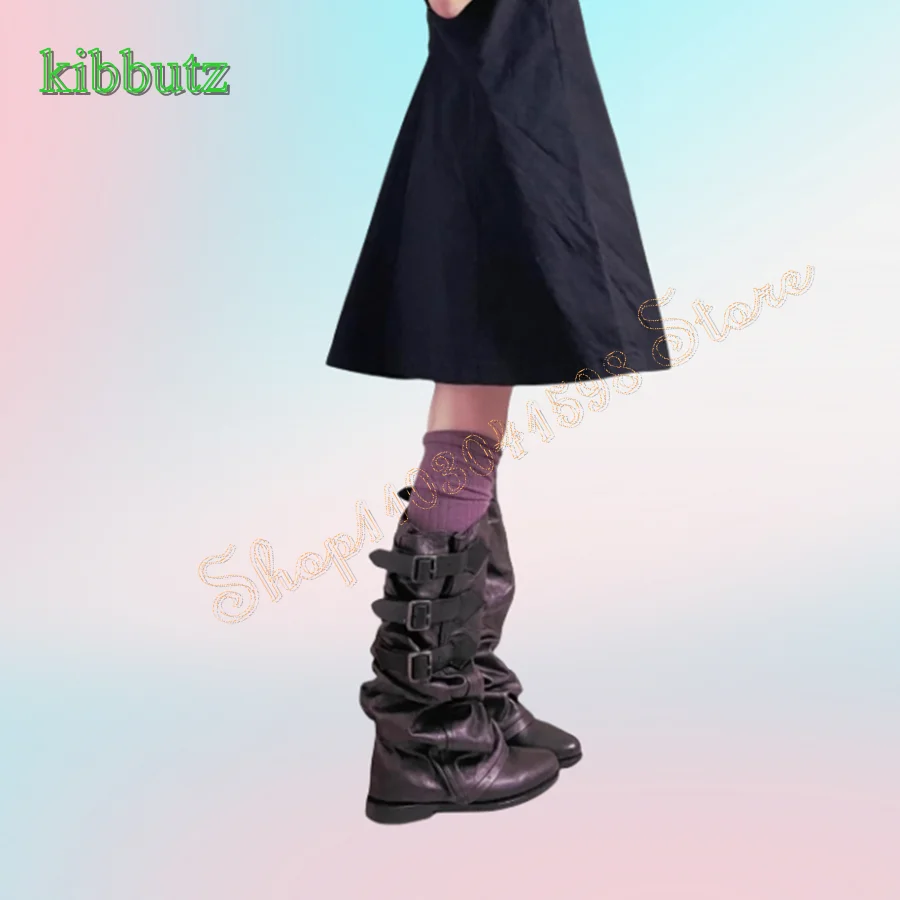 Vintage Buckled Leather Knee High Boots,Round Toe Low Heel Knight Boots Camping Party Women Boots 2024 New Zapatos Para Mujere