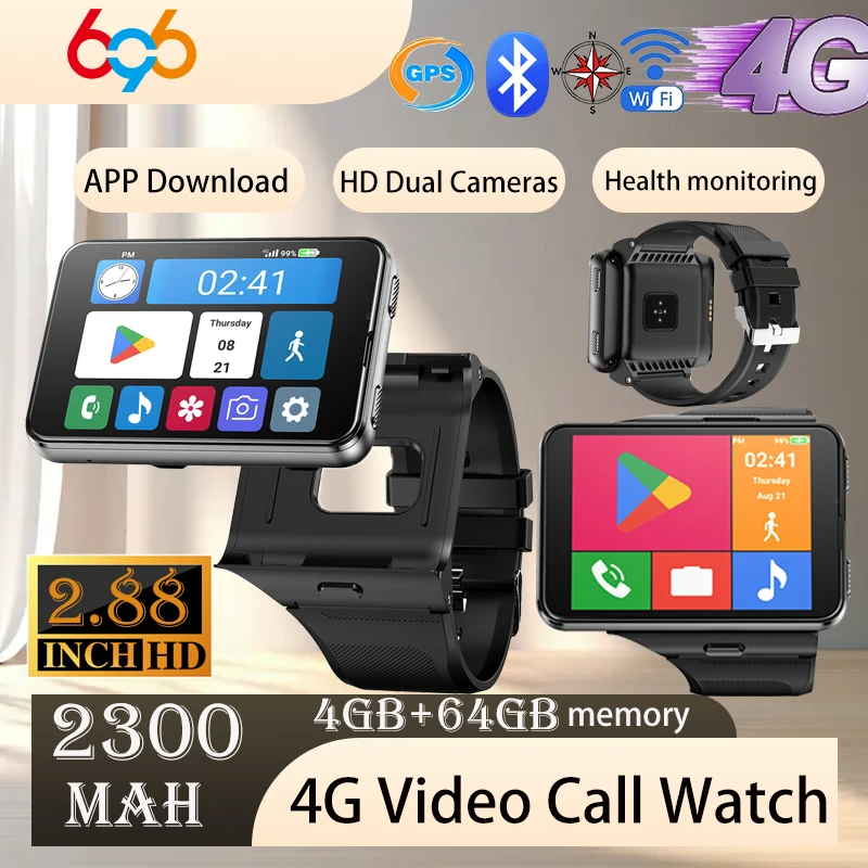 

4G Smart Watch Android 11 Men Smartwatch Women Clock 2.88" Screen 2MP/8MP Dual Camera 4GB RAM 64GB ROM 2300MAh GPS WIFI Compass