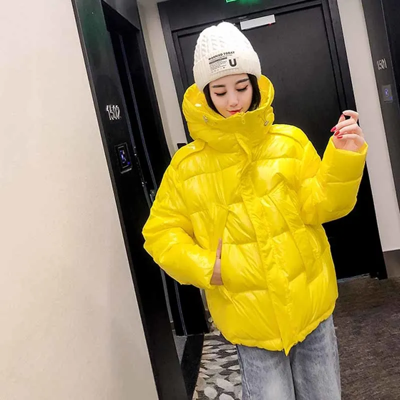 Candy Color Short Puffer Jacket Korean Hooded Shiny Down Jackets Orange Yellow Drawstring Long Sleeve Winter Parkas Female Coat