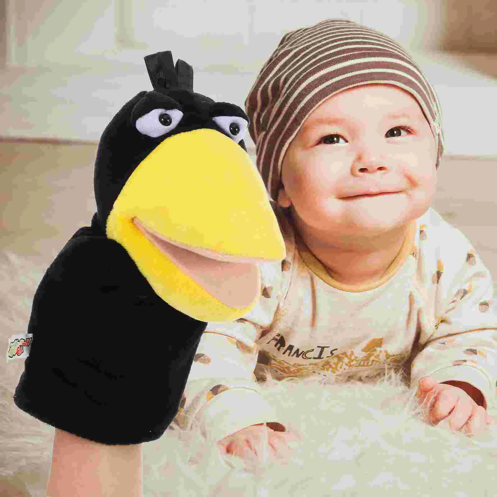 Mini Dolls Crow Hand Puppet Finger Cartoon Toy for Kids Black Interactive Child