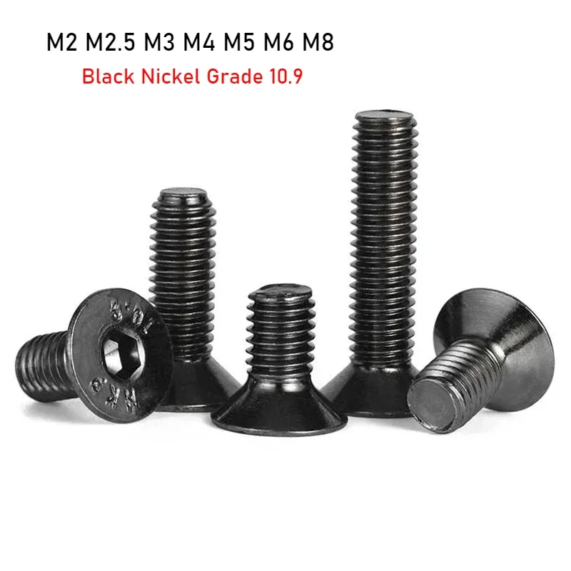 1-10pcs Grade 10.9 Black Nickel DIN7991 Flat Countersunk Head Socket Head Cap Screws Bolts M2 M2.5 M3 M4 M5 M6 M8