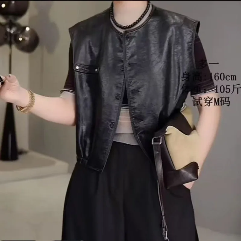 Women's Retro PU Vest Short Versatile New High-end Internet Celebrity Korean of Fashion Casual Locomotive Vest Jacket Outside