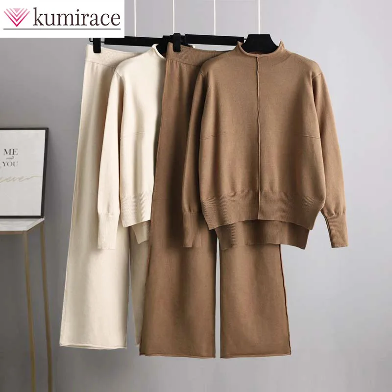 

Knitted sweater two-piece set for women's autumn and winter 2025 new loose casual wide leg pants set temperament pant sets