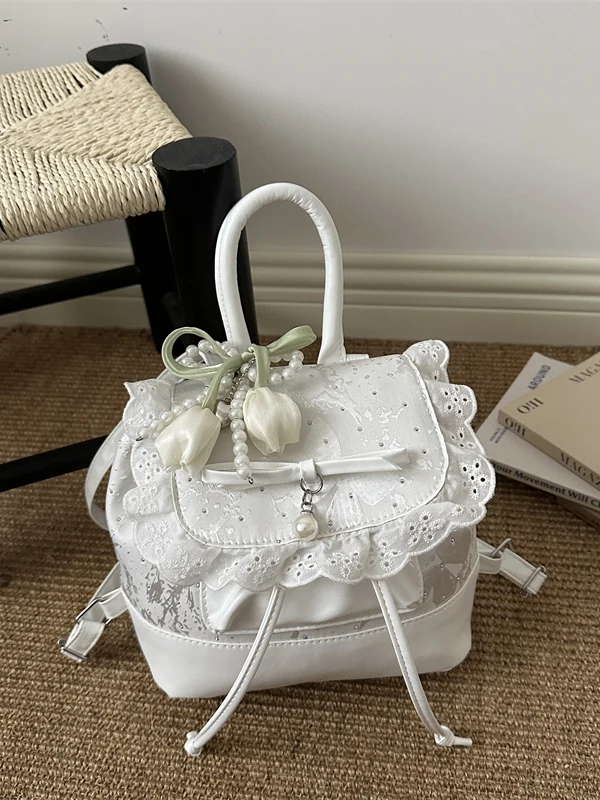 Korean Style Fashionable Lace Trimmed Casual Shoulder Backpack Handbag Soft Fabric Daily Use Lightweight Bucket Shape Backpack