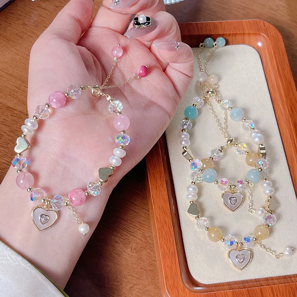 Spring Summer Design Vacation Style Bracelet For Women, Pull-Out Style, Fresh And Delicate Heart Pearl Bracelet, Best Friend