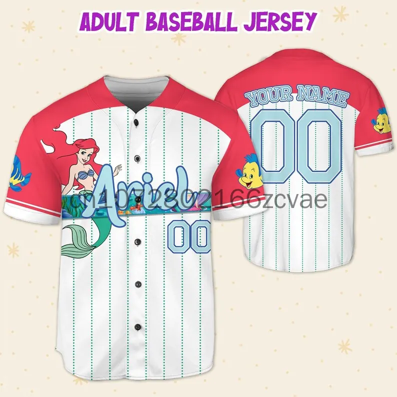 2024 Customized Disney Ariel Princess Baseball Jersey Outdoor Sports Style Casual Jersey Men's and Women's Personalized T-shirt