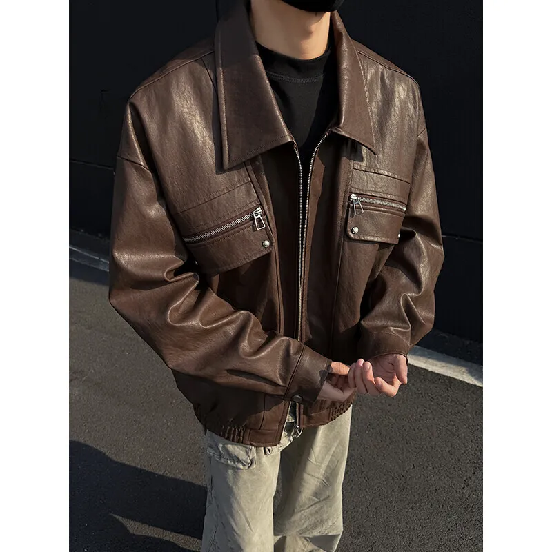 Black Leather Jacket Men Retro Pocket Motorcycle Jacket Men Streetwear Hip-hop Loose Bomber Jacket Mens Brown Cargo Jackets