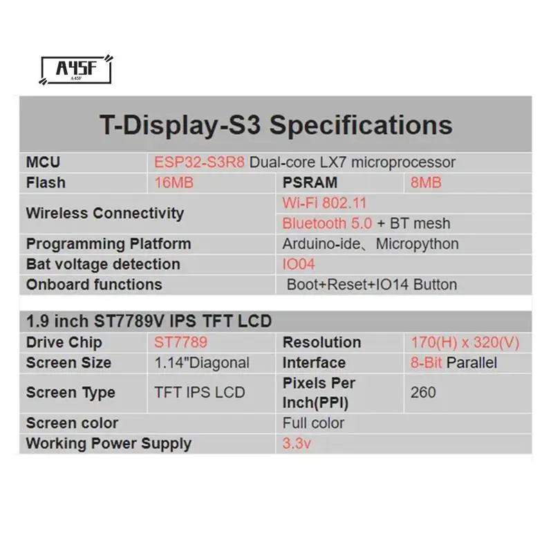 

A45F-ESP32-S3R8 T-Display-S3 Development Board 1.9 Inch LCD Display With Case WIFI Bluetooth5.0 170X320 Wireless Module B Easy T