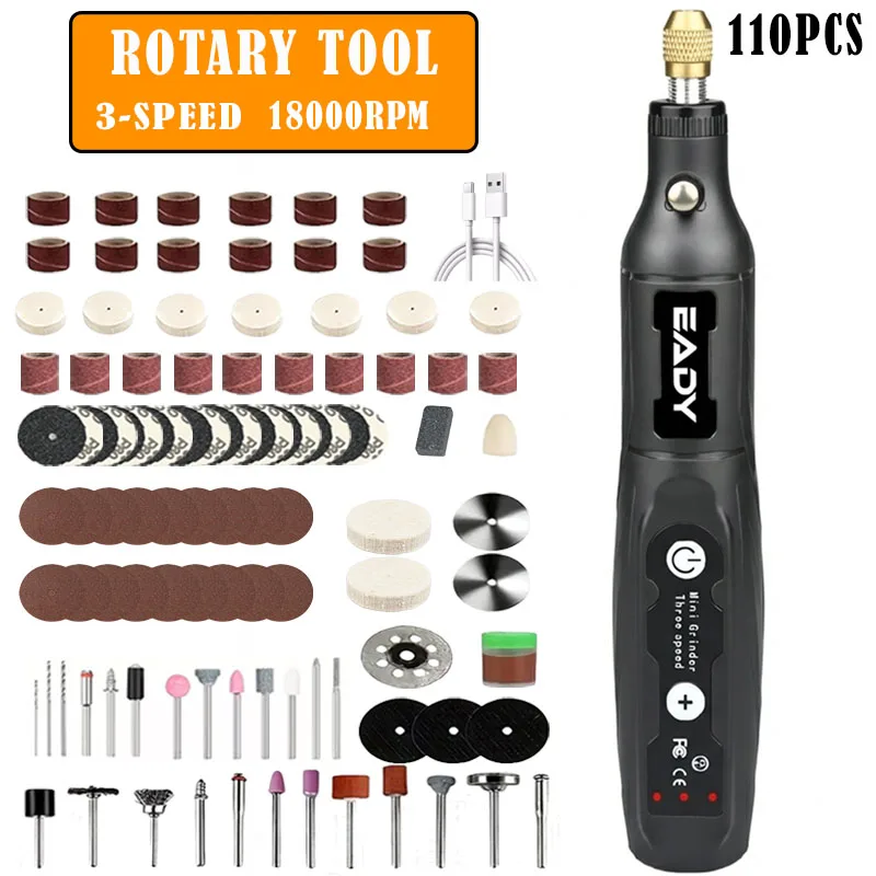 

Мини-дрель беспроводная, 3-скоростная регулируемая аккумуляторная роторная дрель, набор из 1/33/62/110 предметов, маленькая шлифовальная машинка для DIY и рукоделия