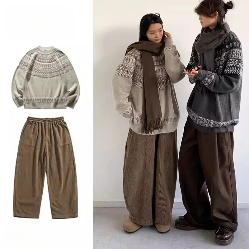 Lazy Couple Knitted Sweater Set Men's Women's Two-Piece Autumn Long Sleeve Long Pants Polyester Blend Comfortable Retro Style