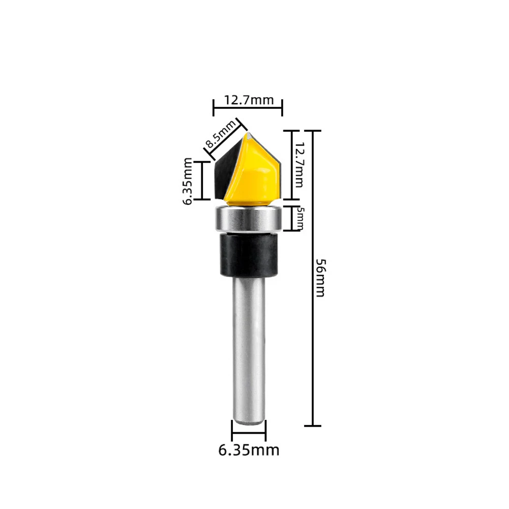 1/4 Shank Bearing V Groove Carbide Router Bit for Composite Boards Solid Wood and Plastic Trimming 56mm Round Shaft