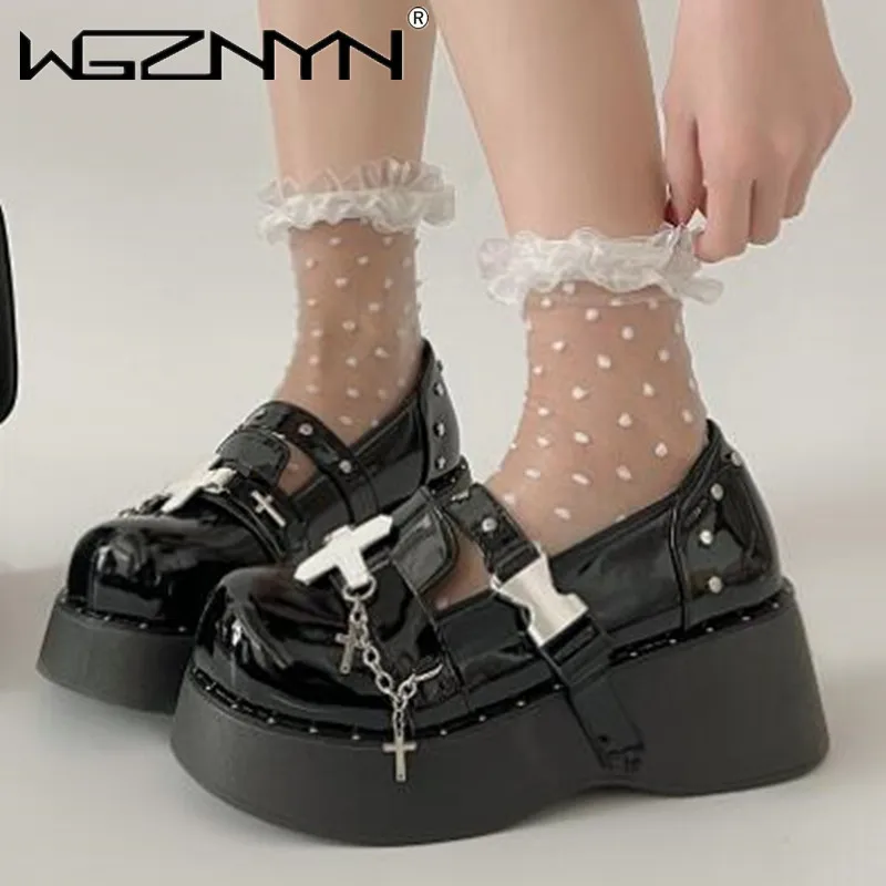 NEW Black Goth Rivet Single Shoes Women Round Head Lolita Shoes Hot Girl Harajuku Versatile Cosplay JK Uniform Shoe Punk Pump