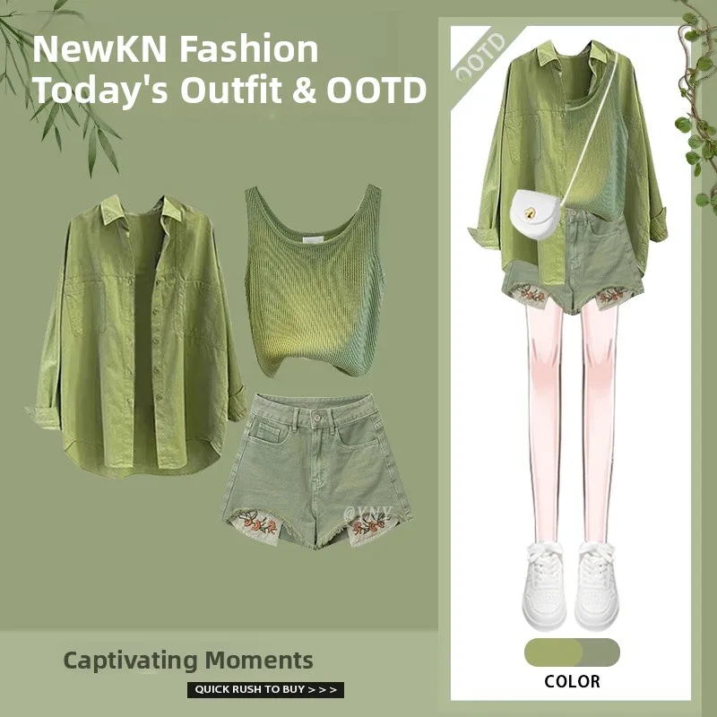 

Spring Summer Casual een Color Women's Faion Set with irt Vest Design Slimming Denim orts Tee-piece Set for Younger...