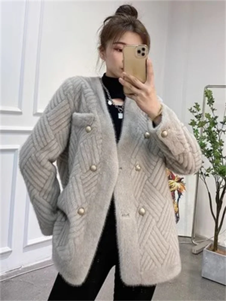 Manteau de fourrure à double boutonnage pour femme, cardigan à manches longues, fourrure ajoutée, vison en daim chaud, vêtements d'extérieur pour dames, hiver, nouveau, 2024