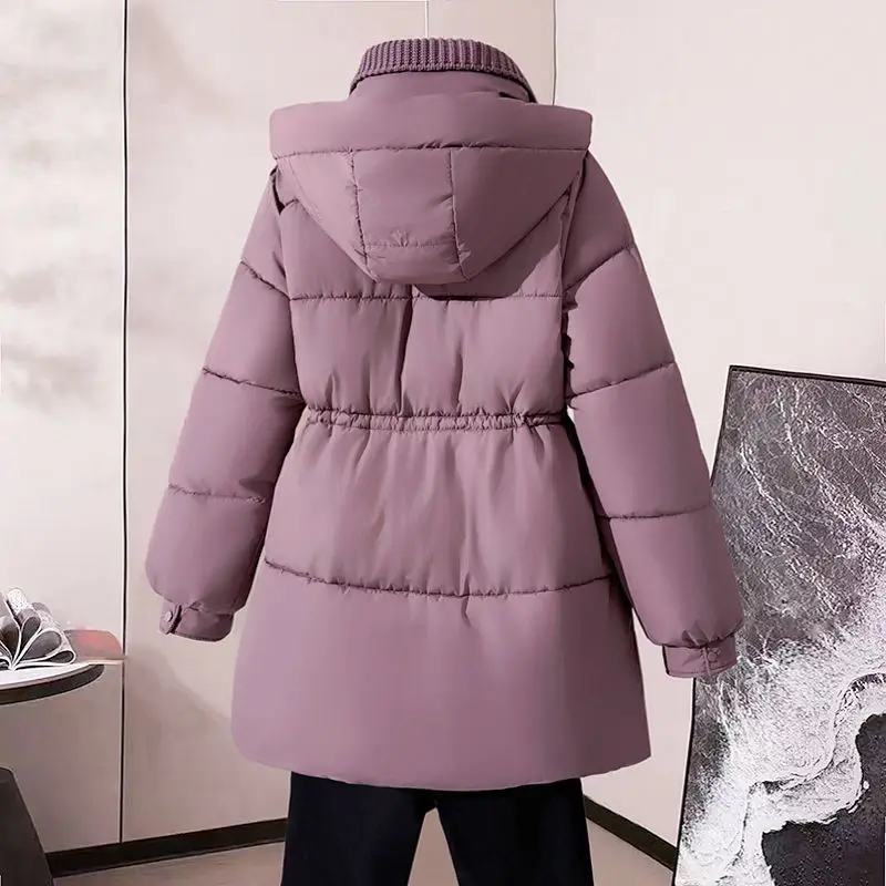 

Mid-Length Knitted Lapel Loose Down Cotton-Padded Jacket Women's Overcoat Winter New Hooded Thicke Warm Parka
