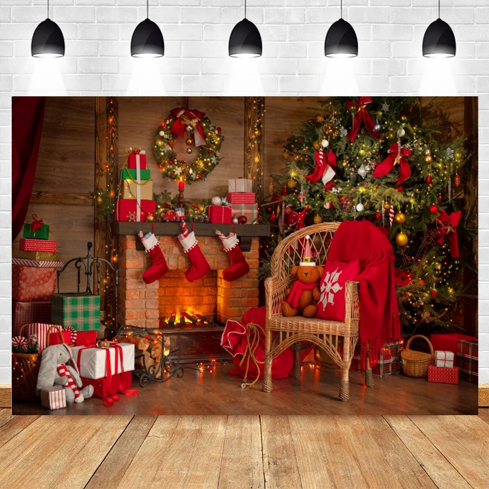 Christmas Fireplace Photography Backdrops Xmas Tree Window Christmas Eve Background Family Party Decor Banner Photobooth Props