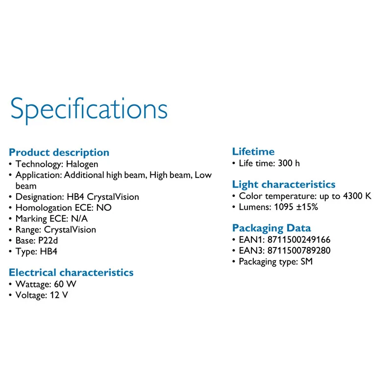 Philips Crystal Vision 9006 HB4 12V 60W P22d 9006CVSM 4300K Bright White Auto Halogen Headlight Fog Light Beam (Twin Pack) view 6