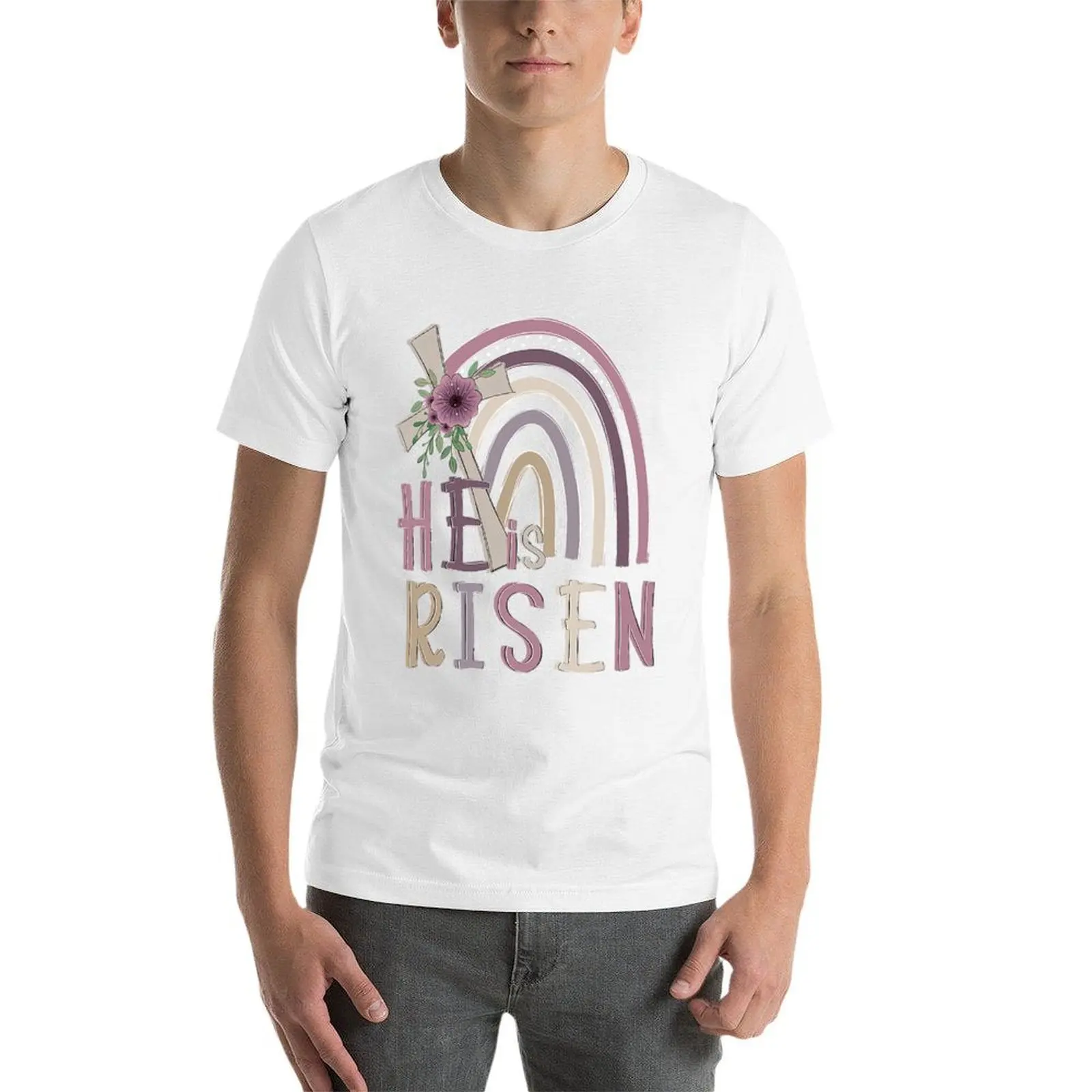 يسوع كريستيان هو صعود عيد الفصح يسوع المسيحية الصليب قوس قزح 1 تي شيرت تي شيرت مع مطبوعات تي شيرت القطن 100% تي شيرت