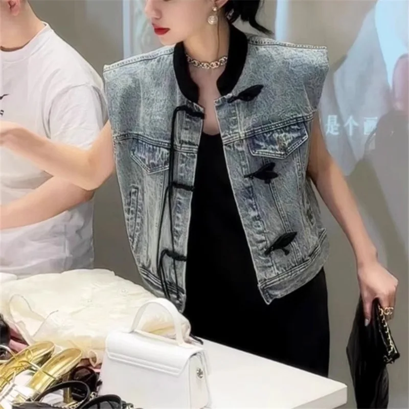 Chalecos Para Mujer Chinese Style Denim Vest Jacket for Women 2024 Autumn Vintage Y2k Waistcoat Crop Top Jeans Coat