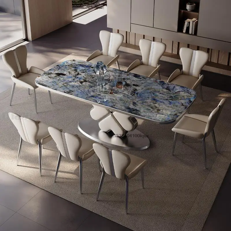 

Small And Large Dinning Room Tables With Natural Blue Texture Marble Slab Countertop Four-Leaf Clover Base Stable Kitchen Table