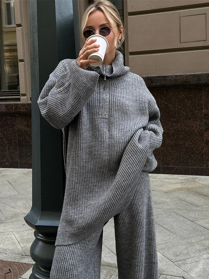 New Spring Autumn Women Two Piece Set Turtleneck Half Zipper Knit