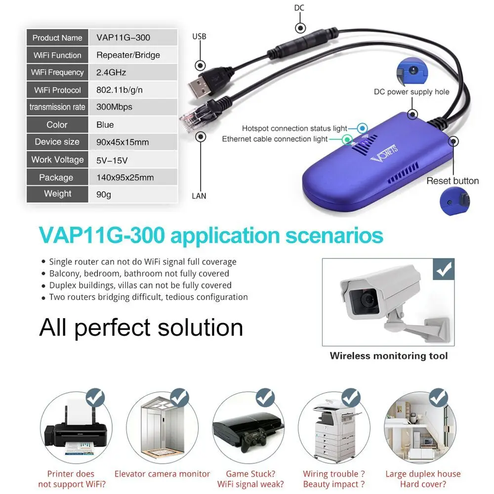 VONETS WiFi to Ethernet Adapter WiFi Bridge Wireless Repeater WiFi Hospot Signal Extender RJ45 AP for Network Printer VAP11G-300