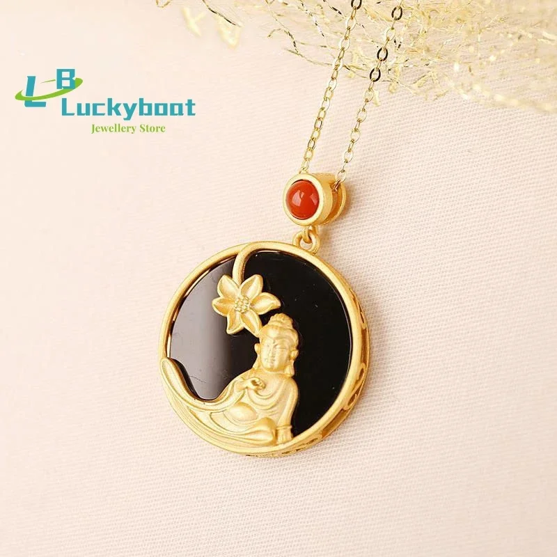 

Designer original new southern red tourmaline natural Hetian jade gilt golden lotus Buddha pendant lady silver jewelry