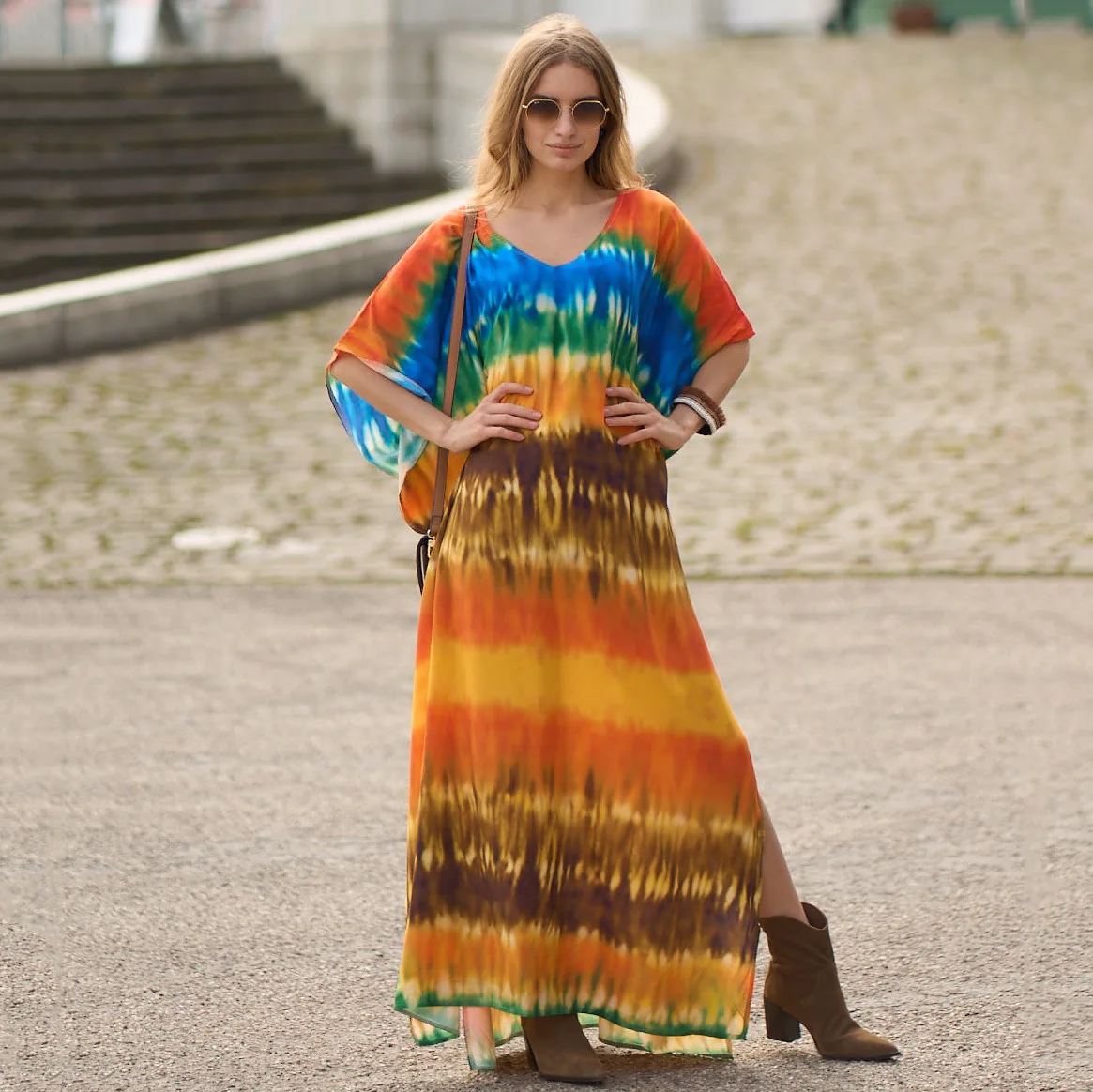 Vestido de praia de verão para mulheres, estilo boho, encobrimento, aconchegante, malha à mão, decote em v, manga de morcego, kaftan