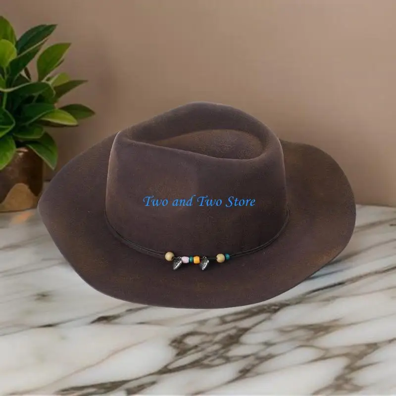 

HX6F Homburg Top Hat with Exotic Belt Victorian Age Wool Top Hat Classical Porkpie Hat for Boy Men Adults Wool