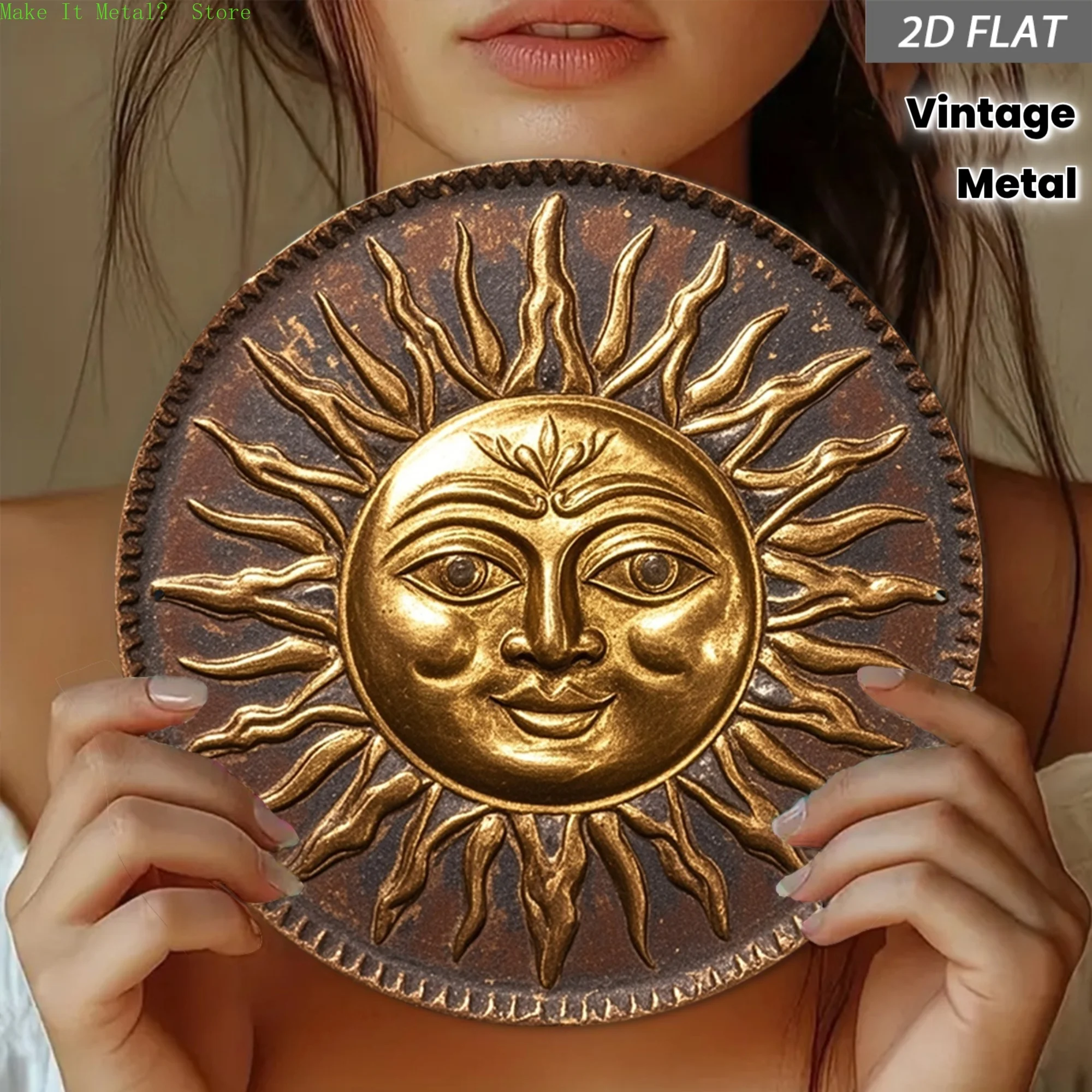 Celestial Sun Face 2D Flat Printing Round Metal Sign, Boho Distressed Copper & Blue Ornate Wall Decor for Home