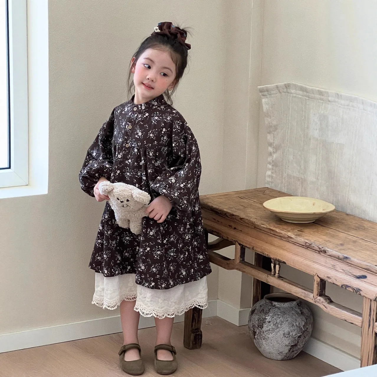 

Girls' Dress Autumn Dress New Children's Korean Floral Dress High Quality Temperament Lace Bubble Sleeve Long