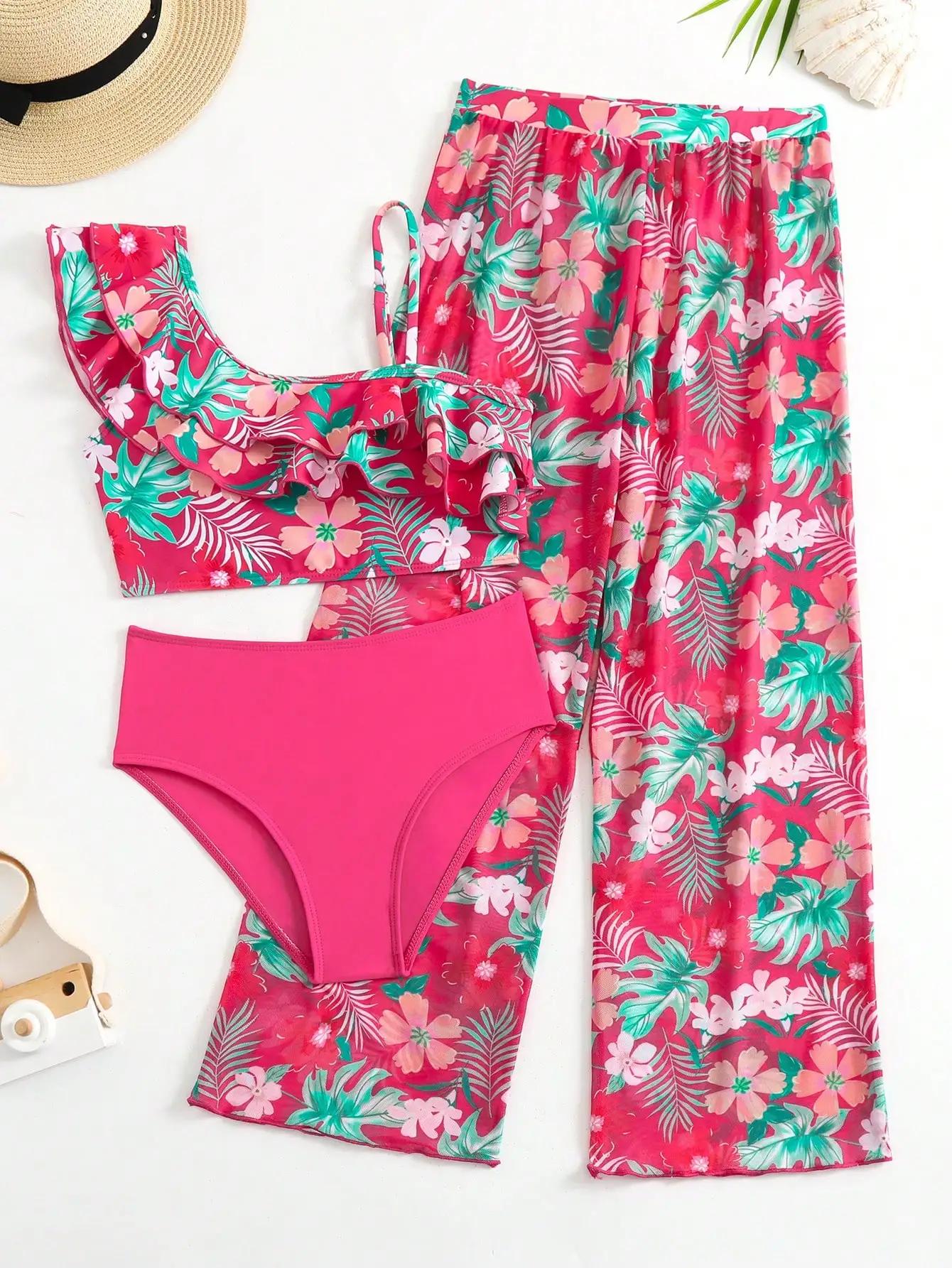 

Women Tropical Print Ruffle Trim Bikini Set With Cover Up Pants