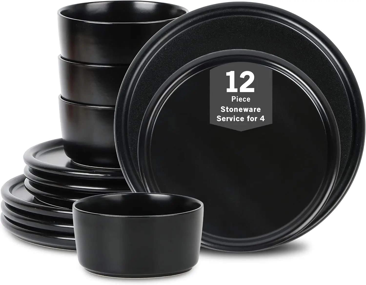 

Eden 12-Piece Dinnerware Set Stoneware, Plates and Bowls Set, Dishwasher and Microwave Safe Dish, Dish Set for 4, Black