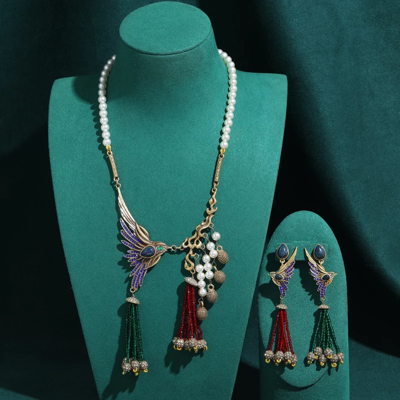 

Vintage Rhinestone Phoenix Colorful Jewelry Sets Pendent Pearl Necklace Tassel Drop Earrings Gold Color Party Luxury Accessories