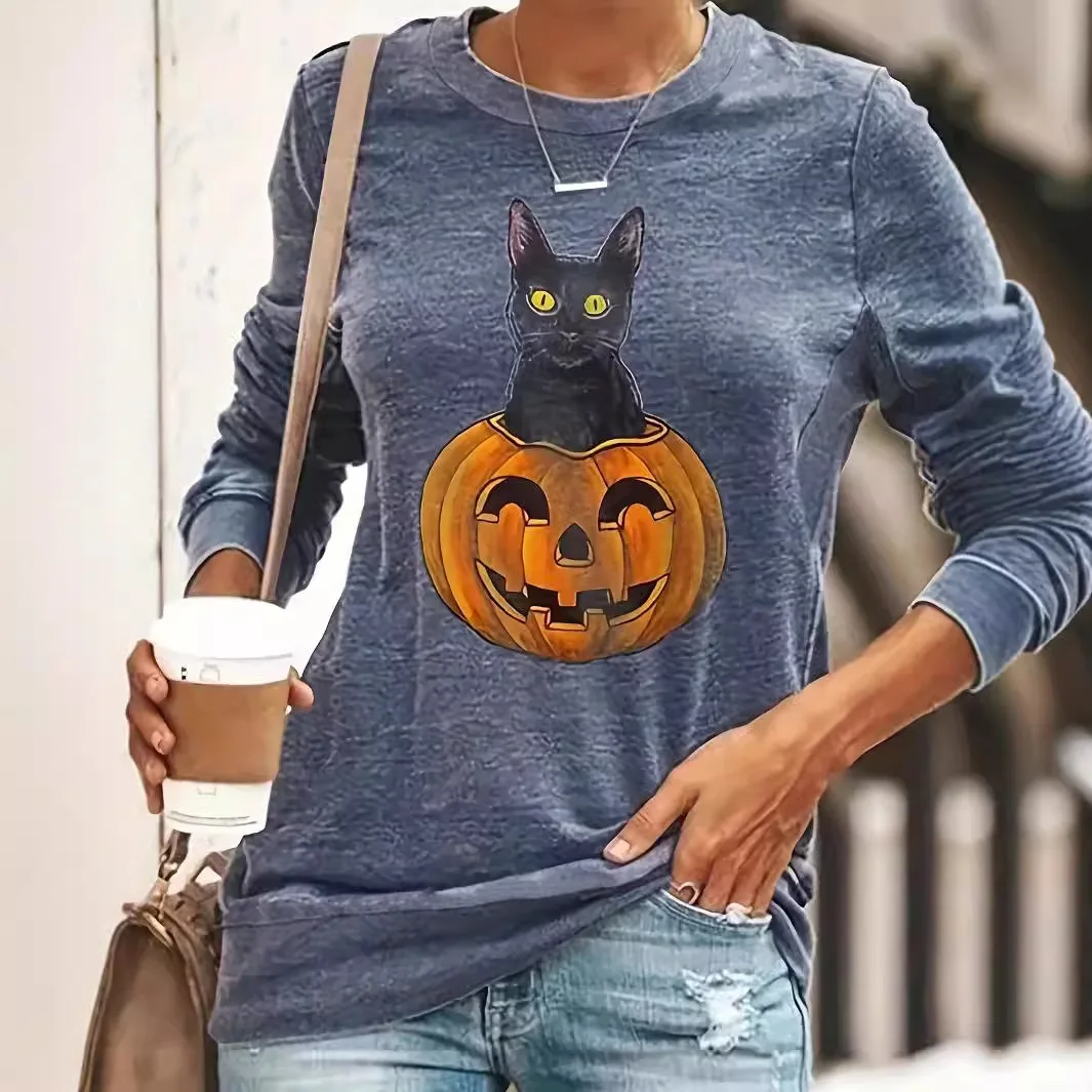 

Halloween round neck top with cat pumpkin print loose long sleeved T-shirt for women