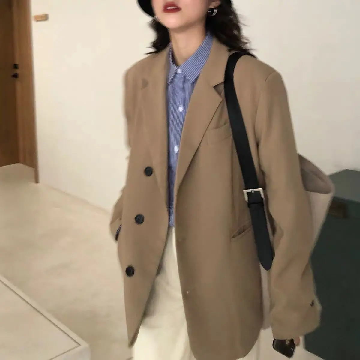 

Korean Popular Clothes Old Money Style Woman Black Blazer Lady Coat Purple Ruffles Unique Split-Side Gentle Custom Washed