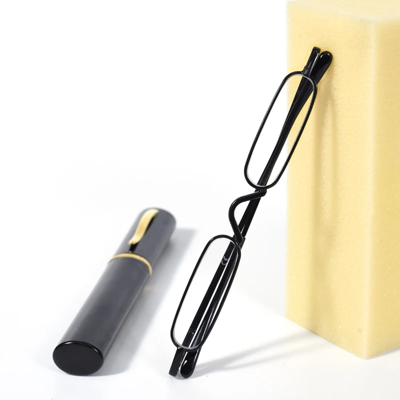 Schwarzer Rahmen, Mini-Stiftetui, Lesebrille für Damen und Herren, tragbare Presbyopie-Brille mit Box, Brillengeschenk für Eltern +1+2