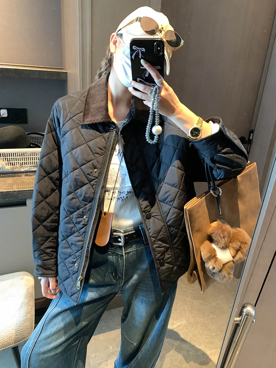 سترة نسائية كاجوال بلون سادة وطية صدر السترة من القطن الفضفاض بغرز شبكية ماسية